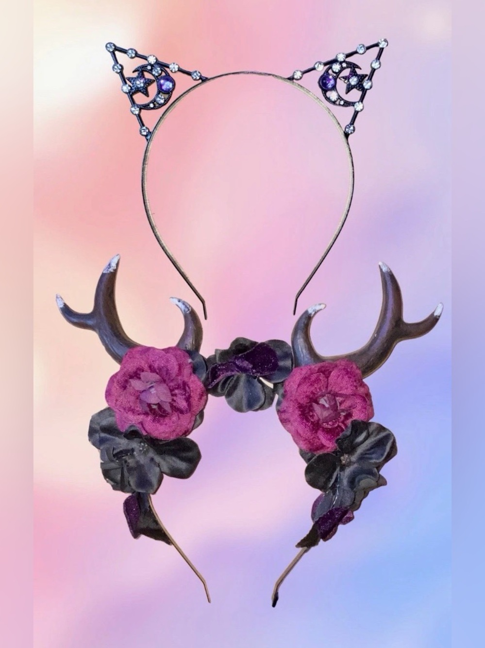 2x Whimsigoth Halloween Costume Headbands ~Crystal Cat Ears, Floral Deer Antlers